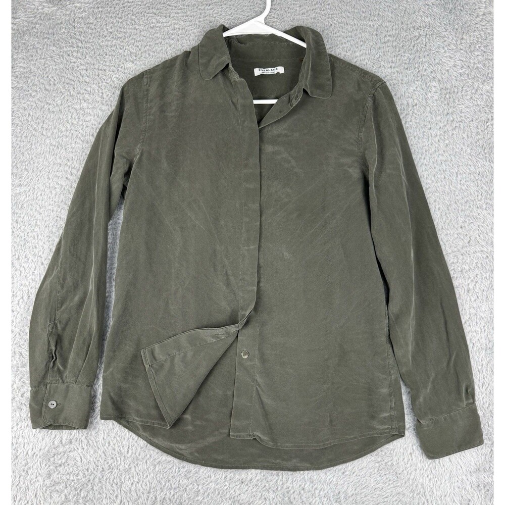 Everlane 100% Silk Button Front Blouse Womens Small Olive Green Long Sleeve